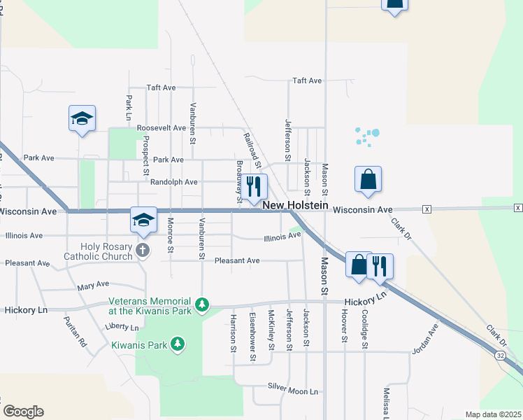 map of restaurants, bars, coffee shops, grocery stores, and more near 1600 Main Street in New Holstein