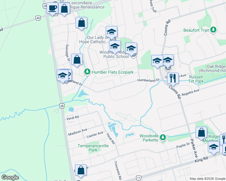 map of restaurants, bars, coffee shops, grocery stores, and more near 163 Humberland Drive in Richmond Hill