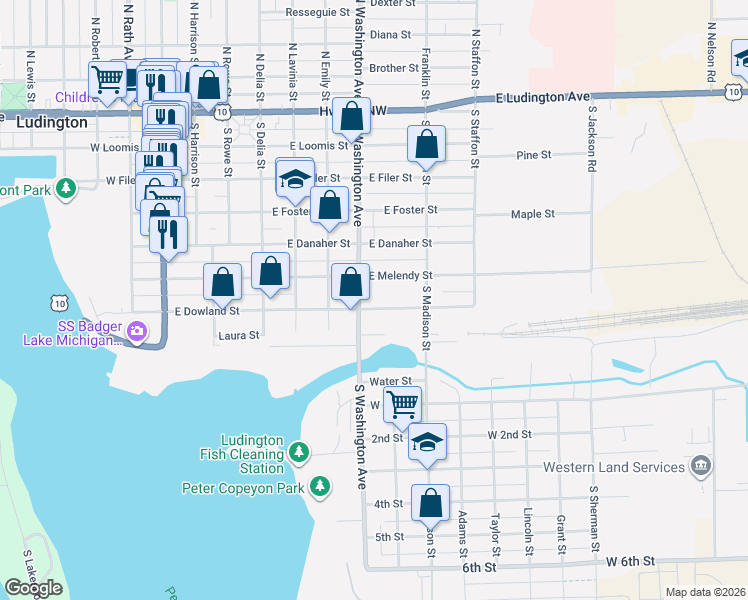 map of restaurants, bars, coffee shops, grocery stores, and more near 613 East Dowland Street in Ludington