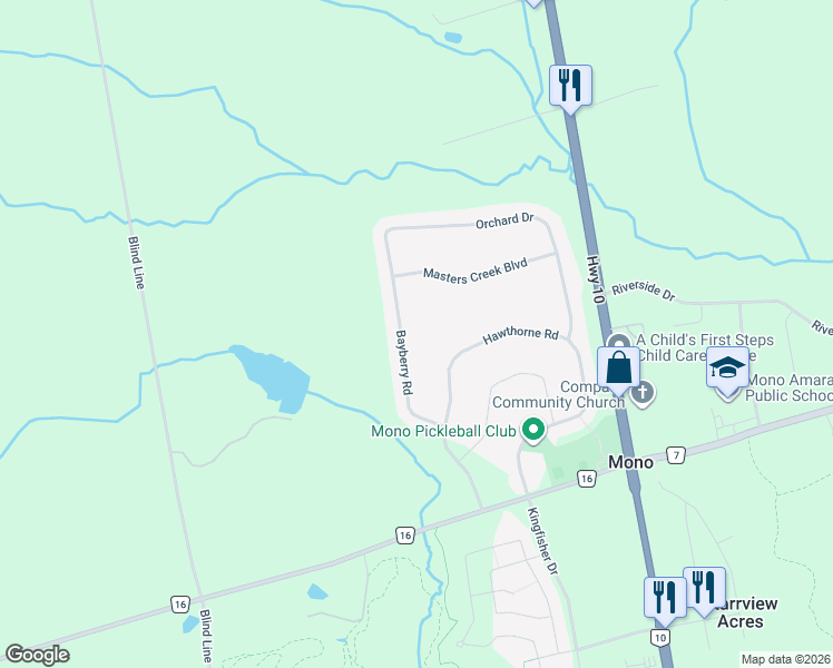 map of restaurants, bars, coffee shops, grocery stores, and more near 40 Bayberry Road in Orangeville