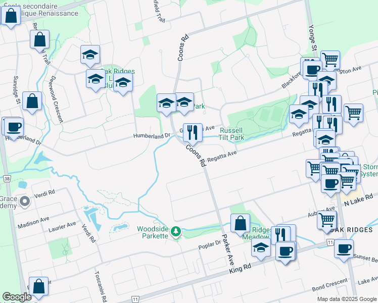 map of restaurants, bars, coffee shops, grocery stores, and more near 205 Coons Road in Richmond Hill