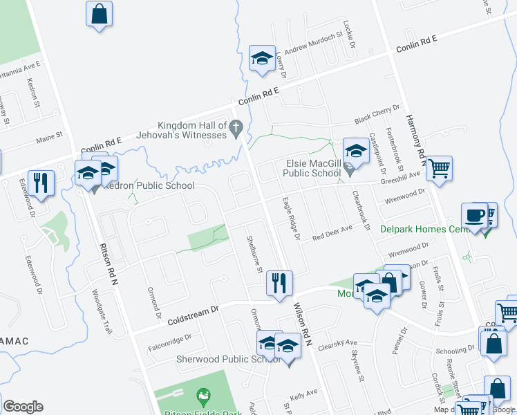 map of restaurants, bars, coffee shops, grocery stores, and more near 621 Greenhill Avenue in Oshawa