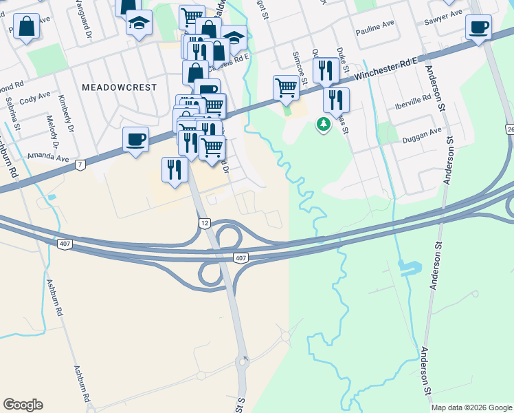 map of restaurants, bars, coffee shops, grocery stores, and more near 44 Observatory Way in Whitby