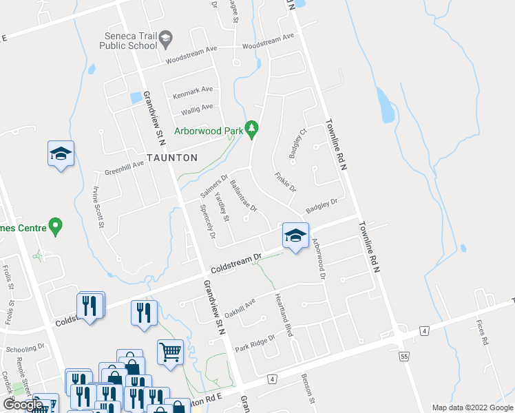 map of restaurants, bars, coffee shops, grocery stores, and more near 1665 Ballantrae Drive in Oshawa