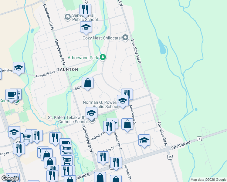 map of restaurants, bars, coffee shops, grocery stores, and more near 1708 Arborwood Drive in Oshawa