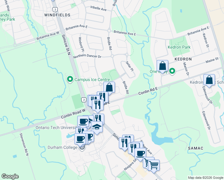 map of restaurants, bars, coffee shops, grocery stores, and more near 52 Norland Circle in Oshawa
