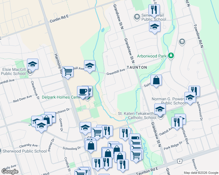 map of restaurants, bars, coffee shops, grocery stores, and more near in Oshawa