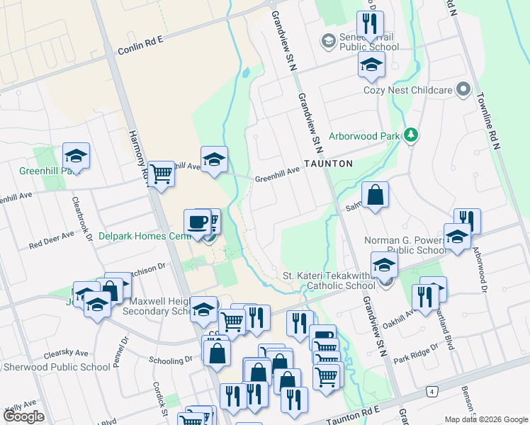 map of restaurants, bars, coffee shops, grocery stores, and more near 1677 Frederick Mason Drive in Oshawa