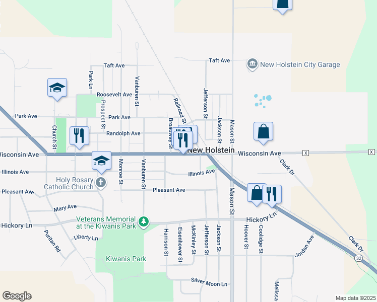 map of restaurants, bars, coffee shops, grocery stores, and more near 1600 Main Street in New Holstein