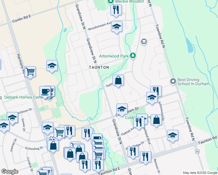 map of restaurants, bars, coffee shops, grocery stores, and more near 1182 Salmers Drive in Oshawa
