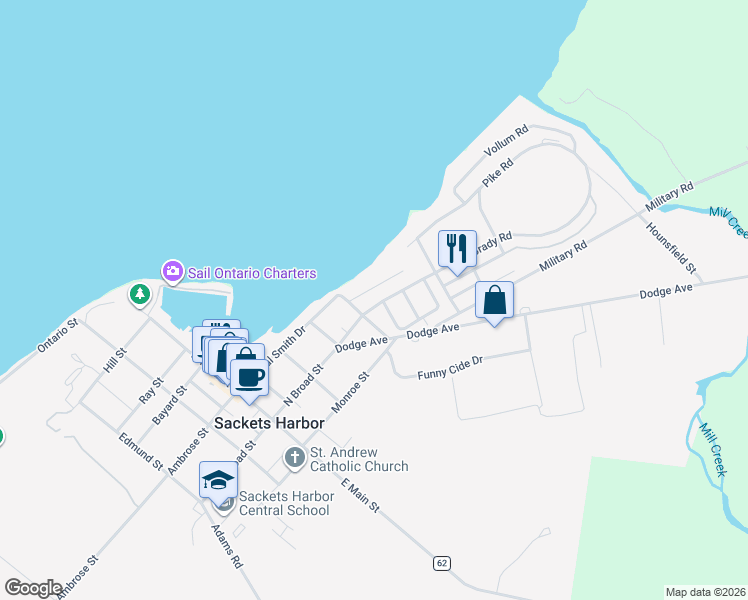map of restaurants, bars, coffee shops, grocery stores, and more near 119 Brady Road in Sackets Harbor