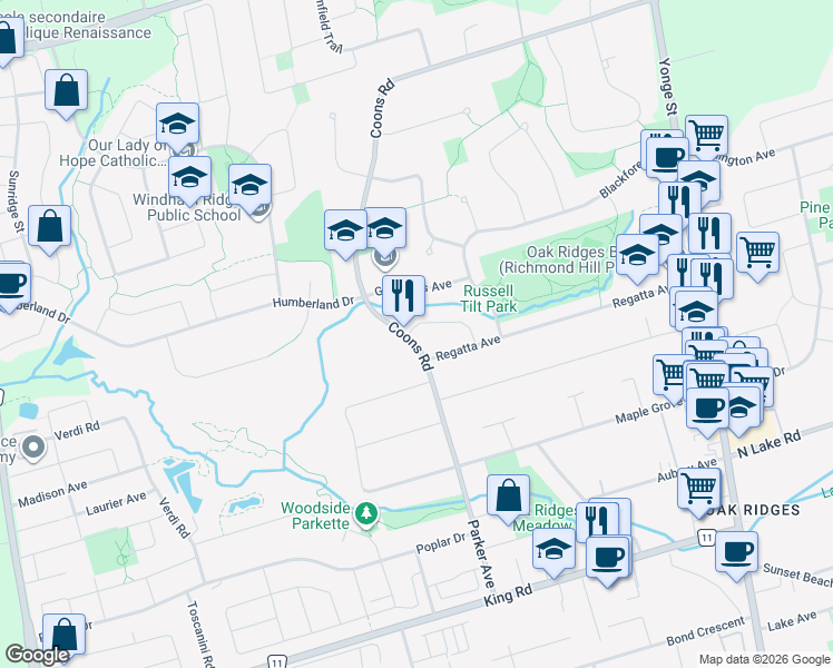 map of restaurants, bars, coffee shops, grocery stores, and more near 206 Coons Road in Richmond Hill