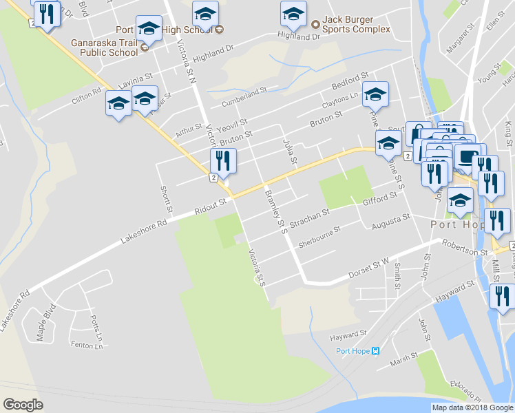 map of restaurants, bars, coffee shops, grocery stores, and more near 52 Sullivan Street in Port Hope