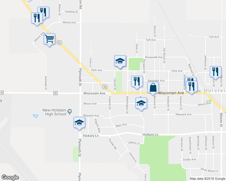 map of restaurants, bars, coffee shops, grocery stores, and more near 2230 Wisconsin Avenue in New Holstein