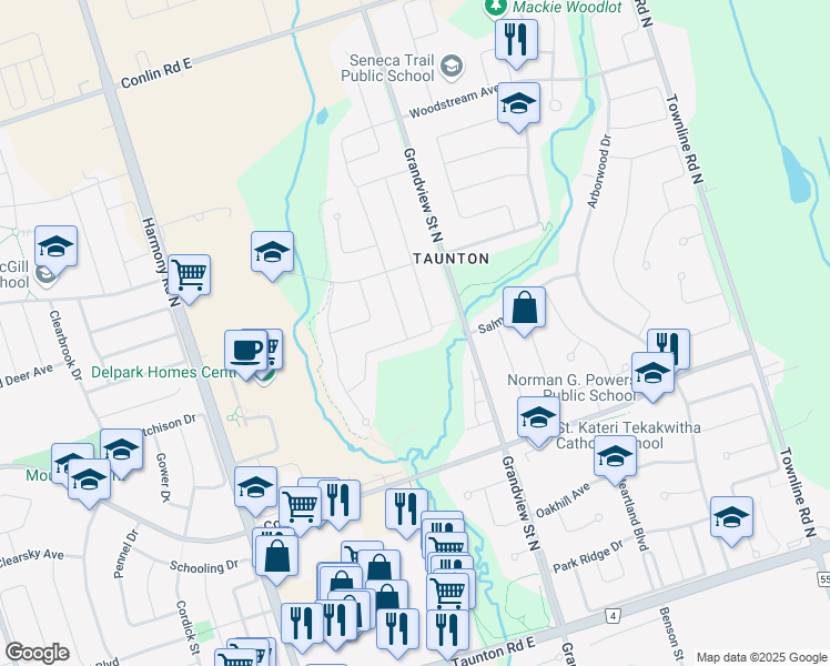 map of restaurants, bars, coffee shops, grocery stores, and more near 1688 Douglas Langtree Drive in Oshawa