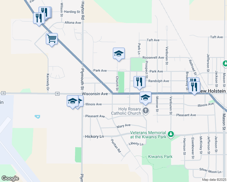 map of restaurants, bars, coffee shops, grocery stores, and more near 2230 Wisconsin Avenue in New Holstein