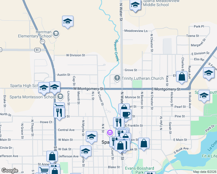 map of restaurants, bars, coffee shops, grocery stores, and more near 200 W Montgomery St in Sparta
