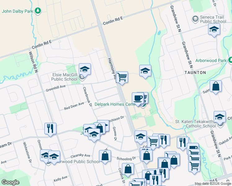 map of restaurants, bars, coffee shops, grocery stores, and more near 938 Wrenwood Drive in Oshawa
