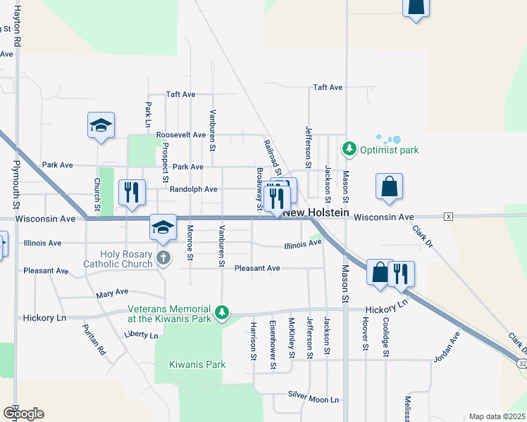 map of restaurants, bars, coffee shops, grocery stores, and more near 1716 Wisconsin Avenue in New Holstein