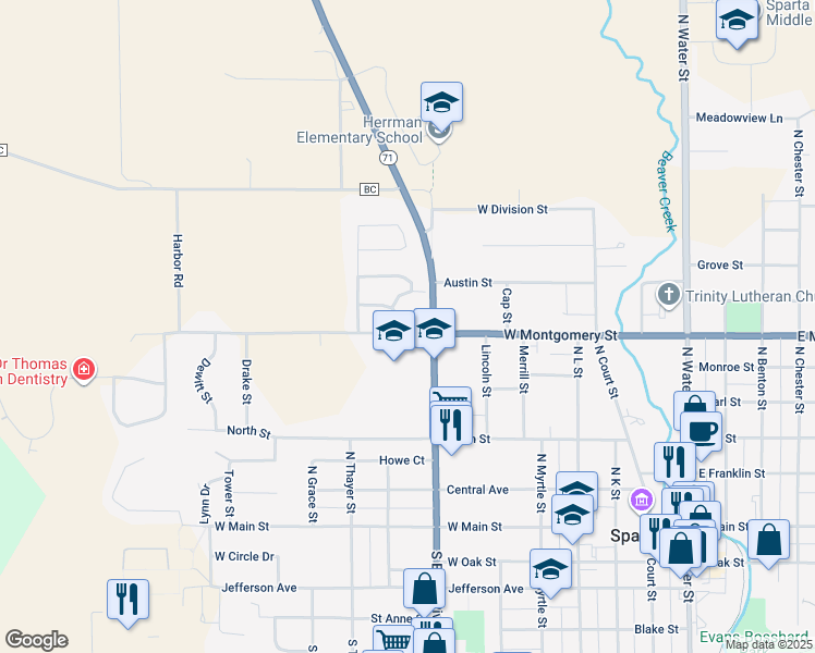 map of restaurants, bars, coffee shops, grocery stores, and more near 814 West Montgomery Street in Sparta