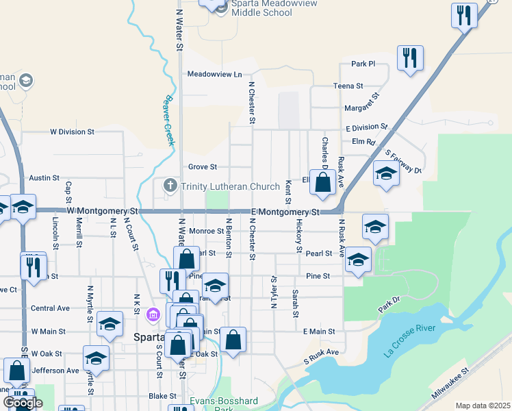 map of restaurants, bars, coffee shops, grocery stores, and more near 414 East Montgomery Street in Sparta