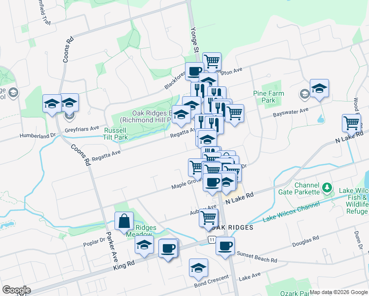 map of restaurants, bars, coffee shops, grocery stores, and more near 24 Elm Grove Avenue in Richmond Hill