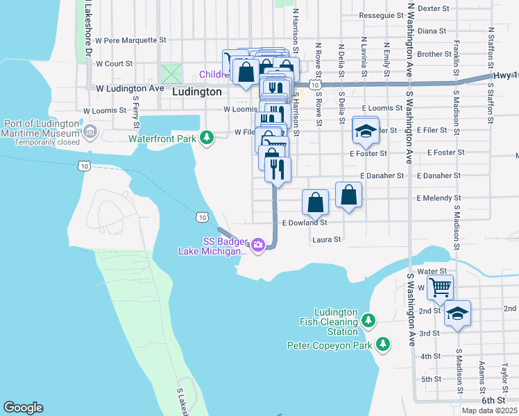 map of restaurants, bars, coffee shops, grocery stores, and more near 610 South James Street in Ludington