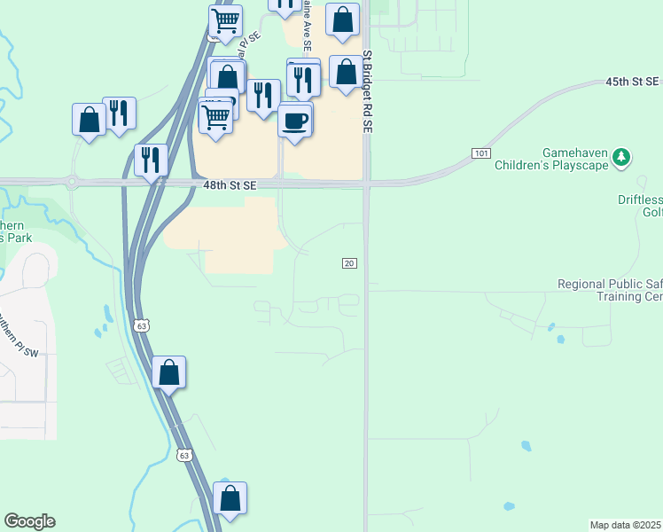 map of restaurants, bars, coffee shops, grocery stores, and more near 4850 Maine Avenue Southeast in Rochester