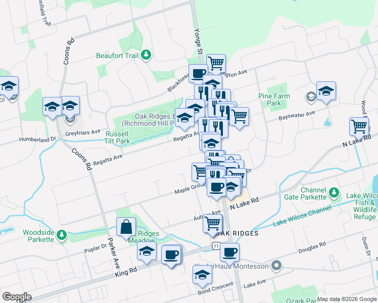 map of restaurants, bars, coffee shops, grocery stores, and more near 22 Elm Grove Avenue in Richmond Hill
