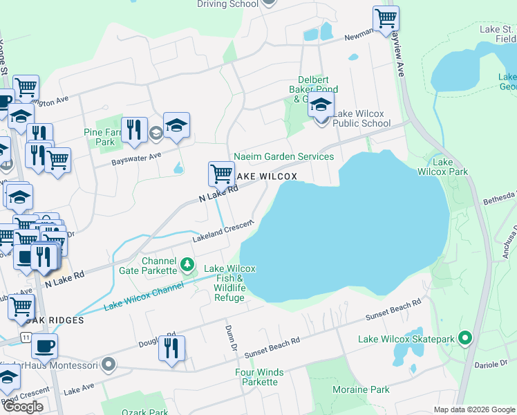 map of restaurants, bars, coffee shops, grocery stores, and more near 225 Lakeland Crescent in Richmond Hill