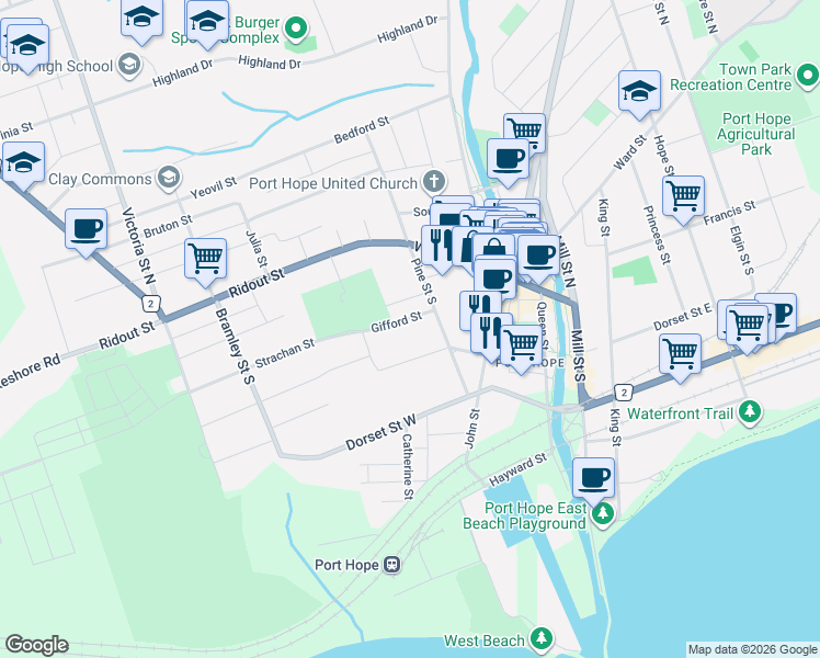 map of restaurants, bars, coffee shops, grocery stores, and more near 82 Augusta Street in Port Hope