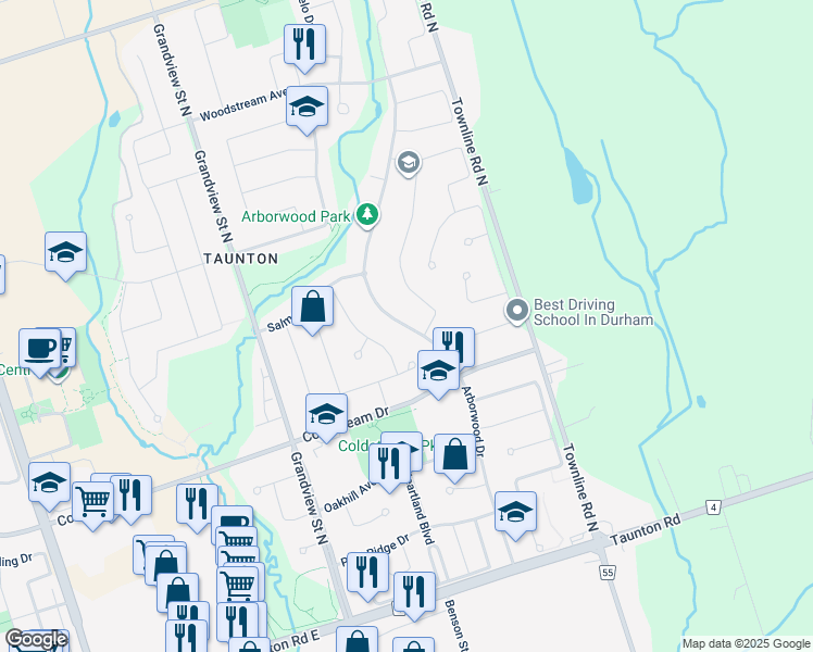 map of restaurants, bars, coffee shops, grocery stores, and more near Arborwood Drive in Oshawa