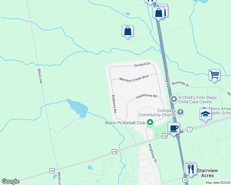 map of restaurants, bars, coffee shops, grocery stores, and more near 40 Bayberry Road in Orangeville