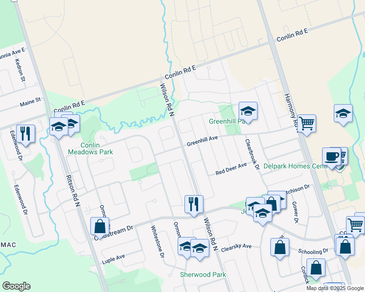 map of restaurants, bars, coffee shops, grocery stores, and more near Wilson Road North & Greenhill Avenue in Oshawa