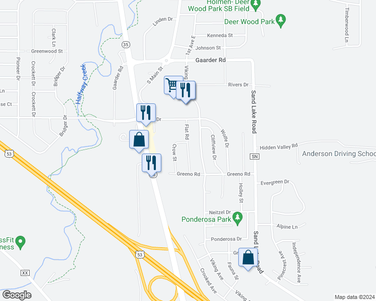 map of restaurants, bars, coffee shops, grocery stores, and more near 1630 Flat Road in Holmen