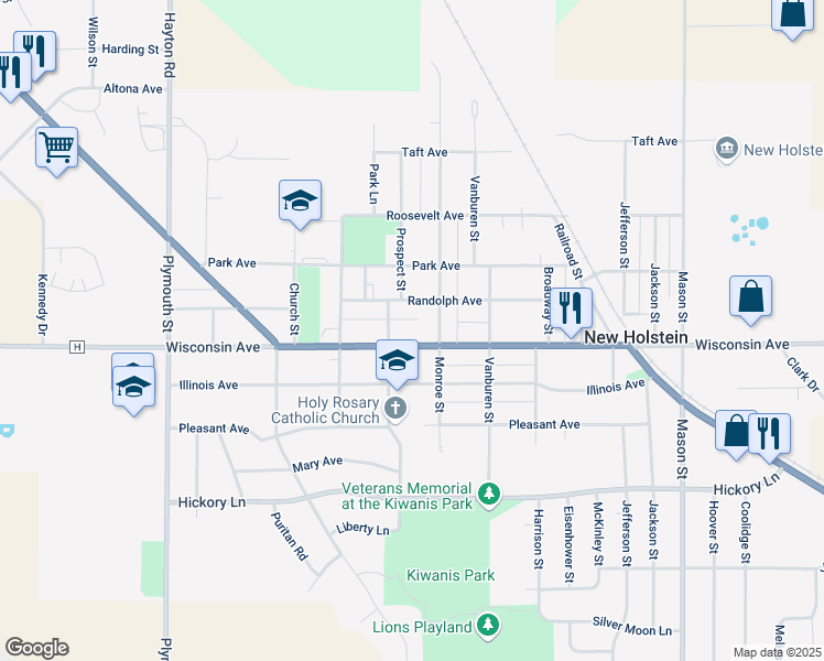 map of restaurants, bars, coffee shops, grocery stores, and more near 2026 Wisconsin Avenue in New Holstein
