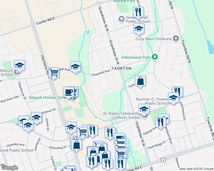 map of restaurants, bars, coffee shops, grocery stores, and more near 1692 Douglas Langtree Drive in Oshawa