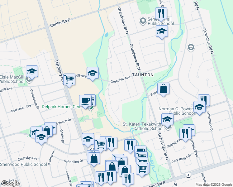 map of restaurants, bars, coffee shops, grocery stores, and more near Frederick Mason Drive in Oshawa