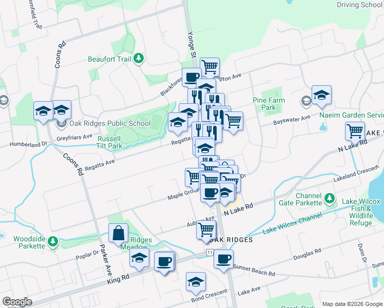 map of restaurants, bars, coffee shops, grocery stores, and more near 14 Elm Grove Avenue in Richmond Hill