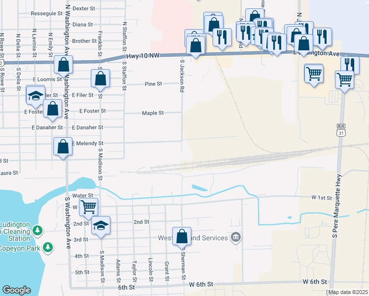 map of restaurants, bars, coffee shops, grocery stores, and more near 902 East Melendy Street in Ludington