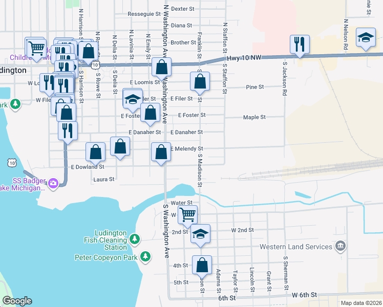 map of restaurants, bars, coffee shops, grocery stores, and more near 617 East Dowland Street in Ludington