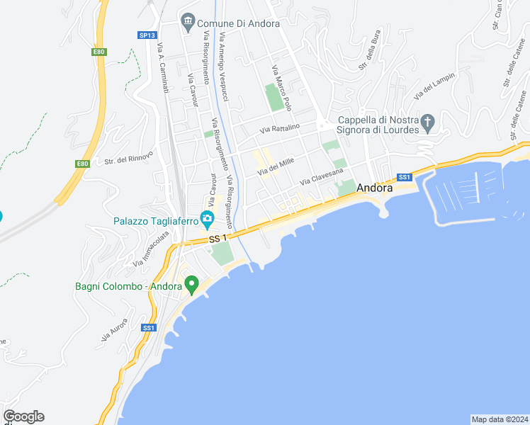 map of restaurants, bars, coffee shops, grocery stores, and more near 6 Via Caboto in Marina di Andora