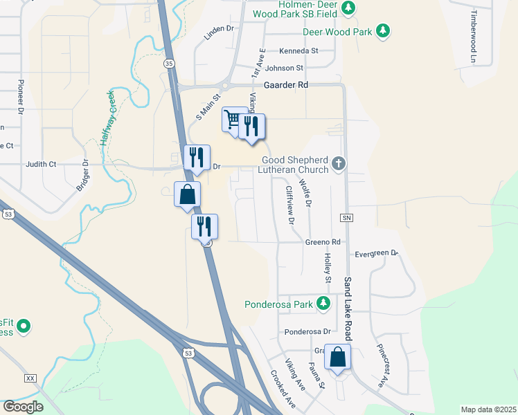 map of restaurants, bars, coffee shops, grocery stores, and more near 1607 Flat Road in Holmen