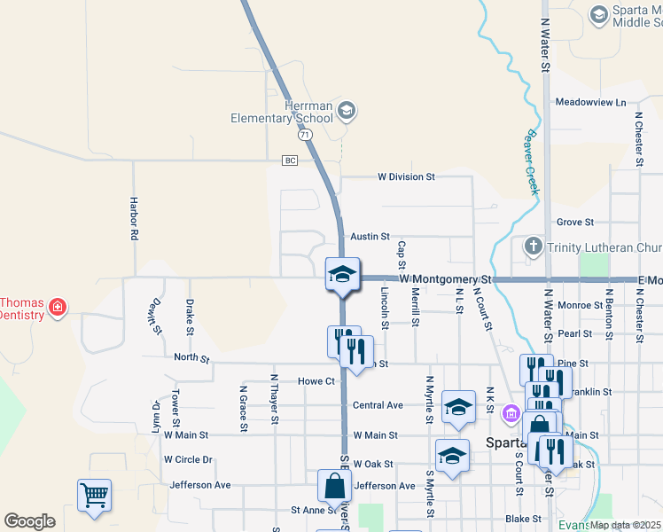 map of restaurants, bars, coffee shops, grocery stores, and more near 814 West Montgomery Street in Sparta