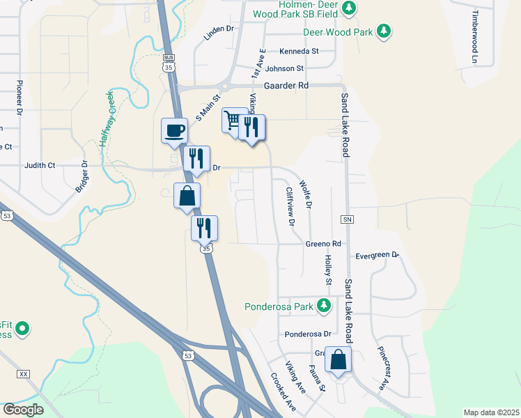 map of restaurants, bars, coffee shops, grocery stores, and more near 1611 Flat Road in Holmen