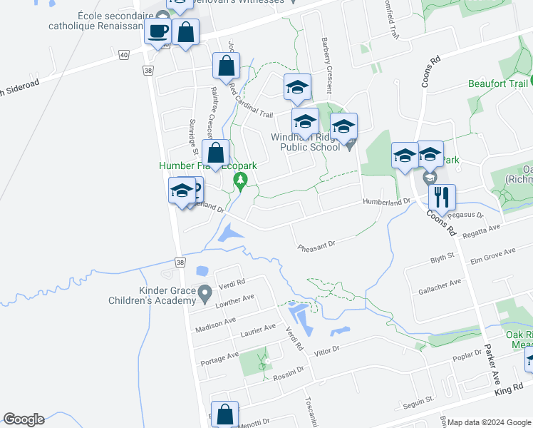map of restaurants, bars, coffee shops, grocery stores, and more near 57 Woodhaven Crescent in Richmond Hill