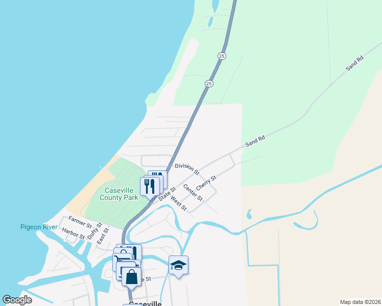 map of restaurants, bars, coffee shops, grocery stores, and more near 6796 Division Street in Caseville