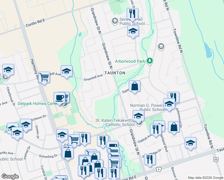 map of restaurants, bars, coffee shops, grocery stores, and more near 1685 William Lott Drive in Oshawa