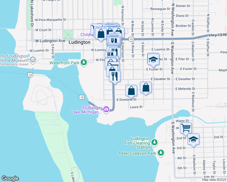 map of restaurants, bars, coffee shops, grocery stores, and more near 610 South James Street in Ludington