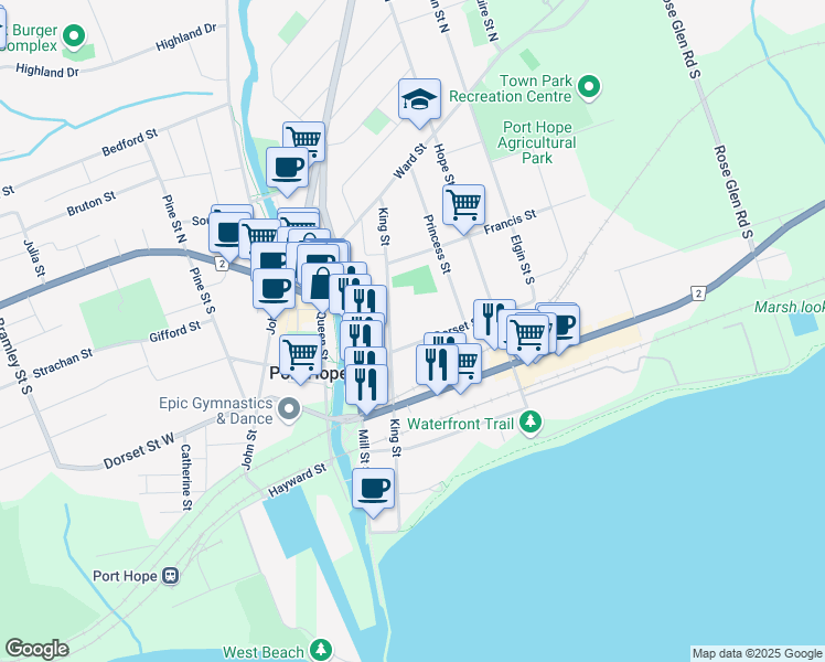 map of restaurants, bars, coffee shops, grocery stores, and more near 51 Dorset Street East in Port Hope